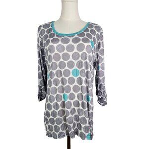 David Cline XL Crushed Gray Aqua Polka Dot Roll Sleeve Lightweight Tunic Top